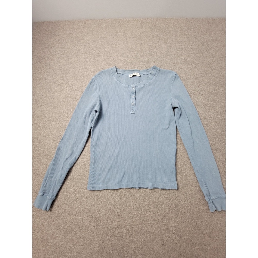 American Giant Henley Top Women XS Light Blue Waffle Ribbed Stretch Long Sleeve